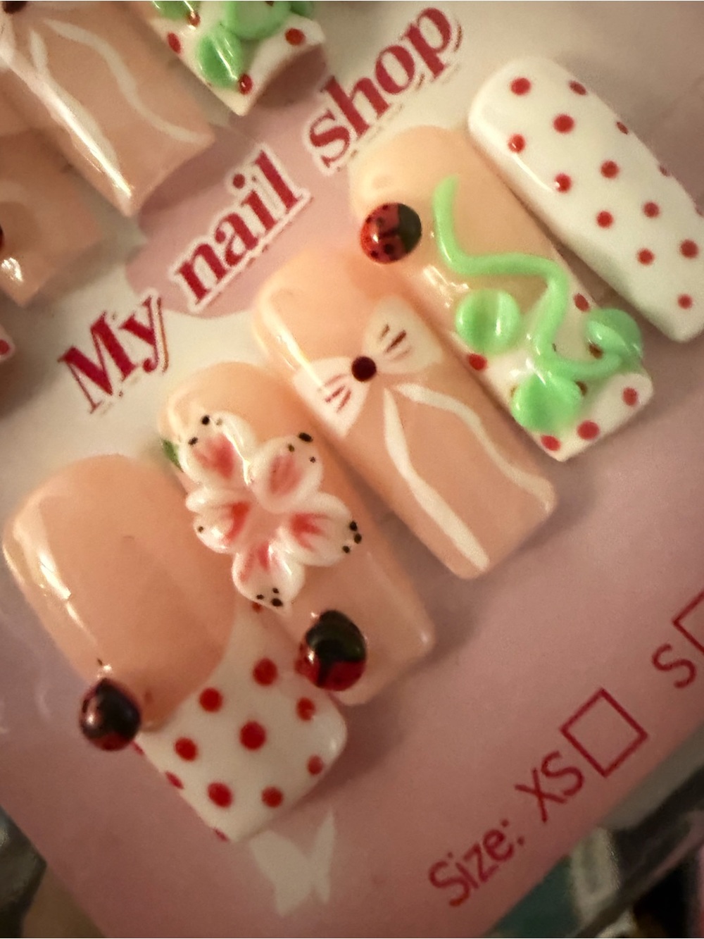 Peach Floral Press-On Nail Set with Green Accents